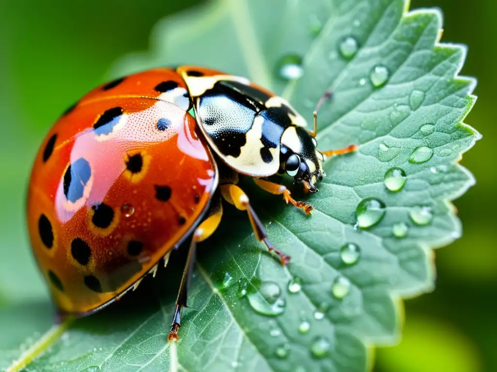 Una mariquita descansa en una hoja verde, con gotas de agua y colores vibrantes