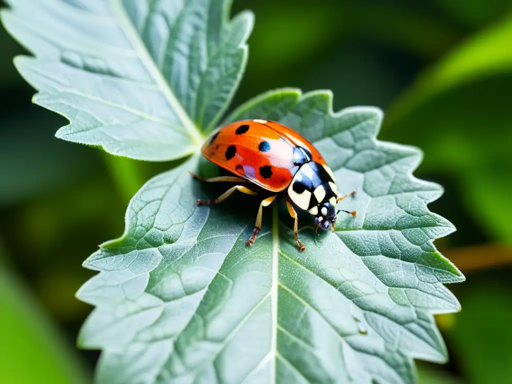 Una mariquita en una hoja verde resplandeciente, capturando la esencia de la agricultura orgánica y la biodiversidad en la naturaleza