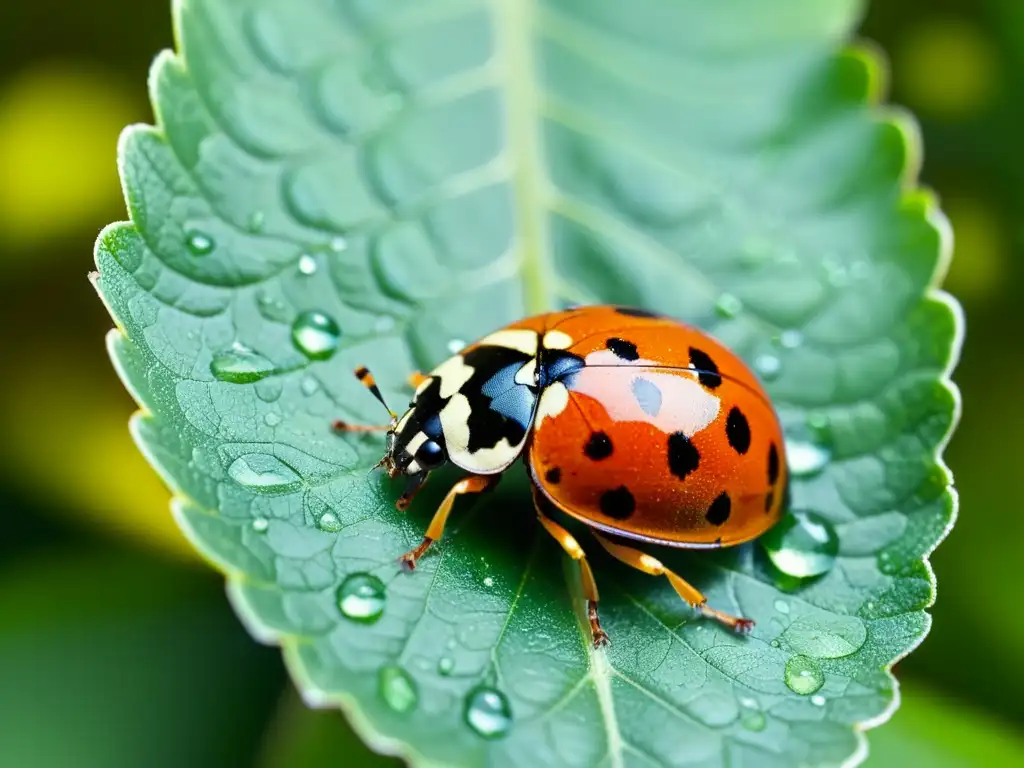 Una mariquita descansa en una hoja verde vibrante con gotas de agua