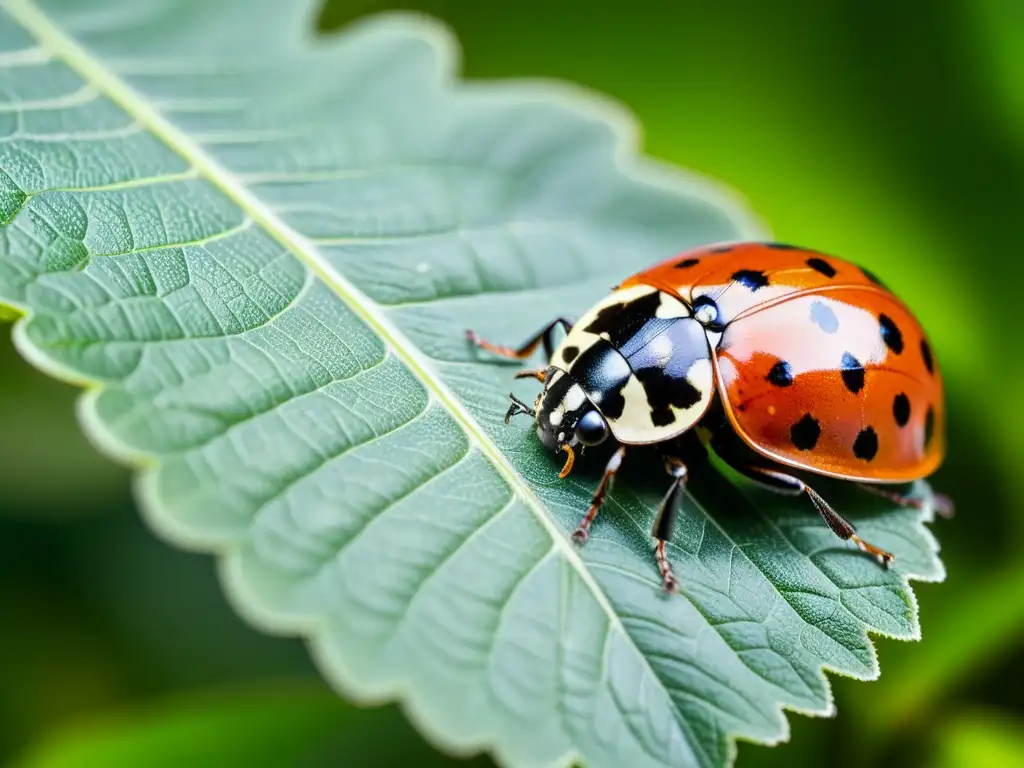 Una mariquita descansa en una hoja verde vibrante, con sus alas rojas y negras detalladas