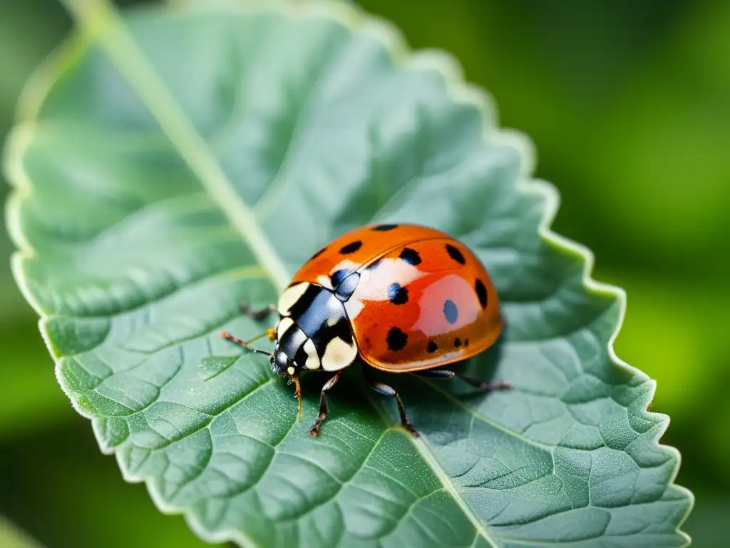 Una mariquita descansa en una hoja verde vibrante, iluminada por la luz natural