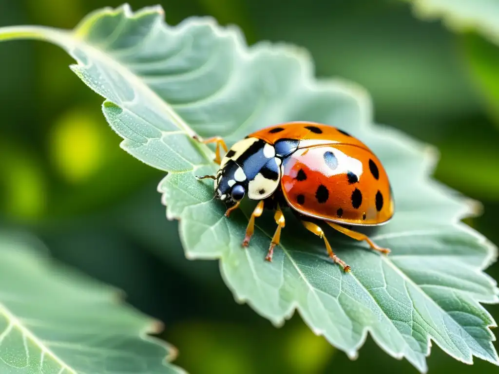 Una mariquita descansa en una hoja verde vibrante, con detalles detallados de su caparazón moteado y alas translúcidas, en un entorno natural sereno