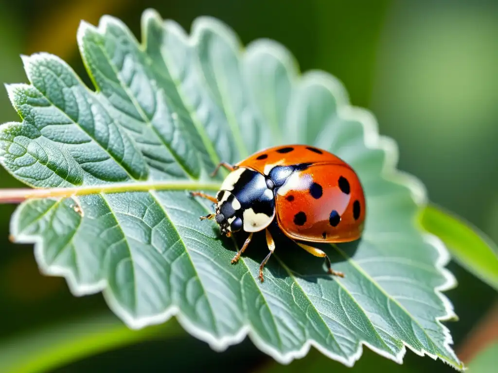 Una mariquita descansa sobre una hoja verde vibrante, sus alas y patas se distinguen claramente