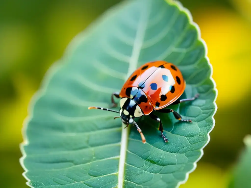 Una mariquita descansa en una hoja verde vibrante, detallando su caparazón moteado y patas delicadas, en un jardín soleado