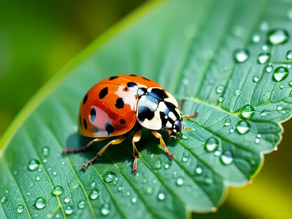 Una mariquita en primer plano sobre una hoja verde vibrante, con diminutas gotas de agua brillando al sol