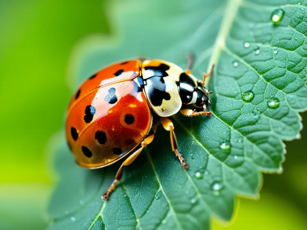 Una mariquita roja descansa en una hoja verde brillante, con patrones detallados y gotas de rocío