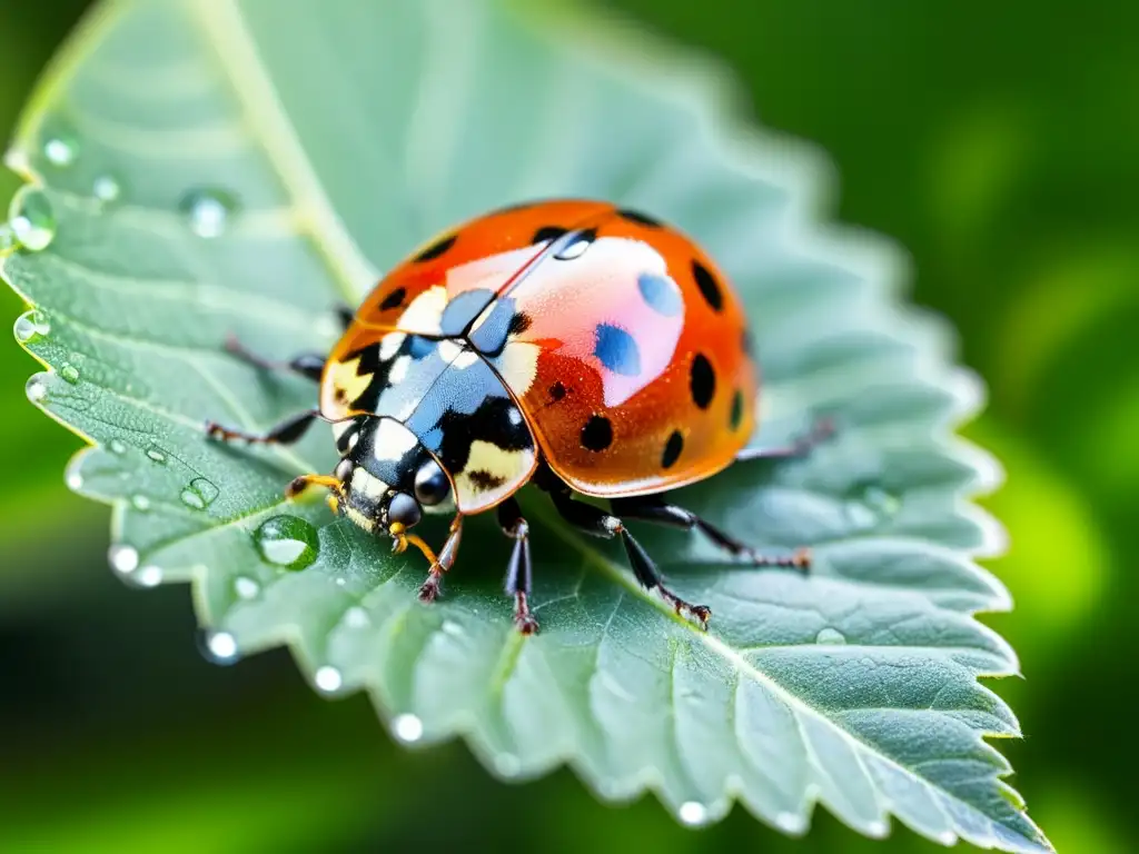 Una mariquita roja descansa en una hoja verde con gotas de agua, destacando la importancia de los insectos beneficiosos en granjas orgánicas