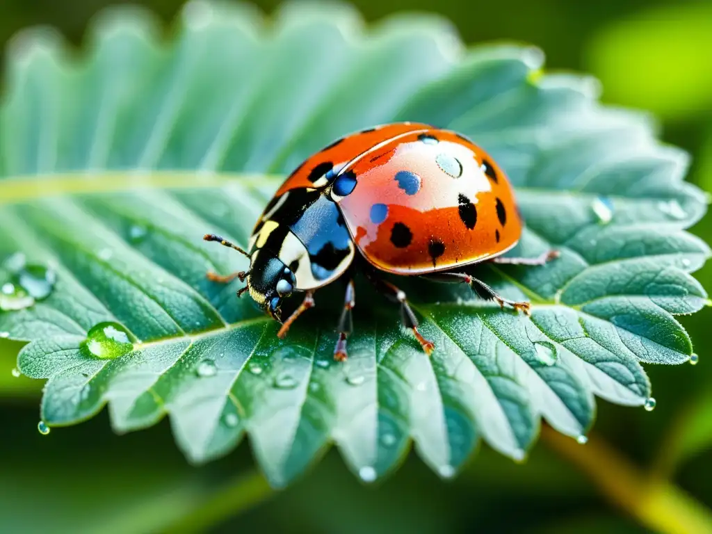 Una mariquita roja en una hoja verde con gotas de rocío