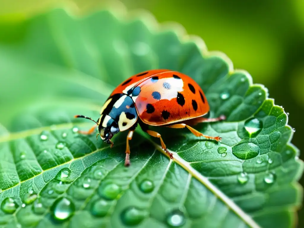 Una mariquita roja descansa en una hoja verde con gotas de agua, transmitiendo armonía natural