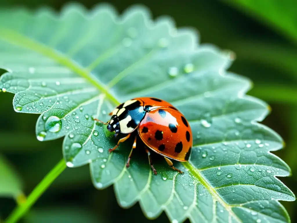 Una mariquita roja y negra se desplaza sobre una hoja verde brillante con rocío, capturando la esencia del control de plagas natural orgánico