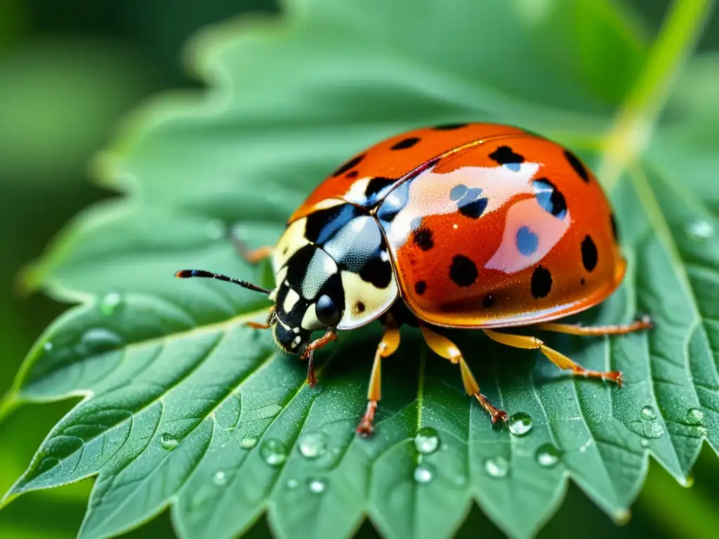 Una mariquita roja y negra se desplaza sobre una hoja verde vibrante, con gotas de agua brillantes