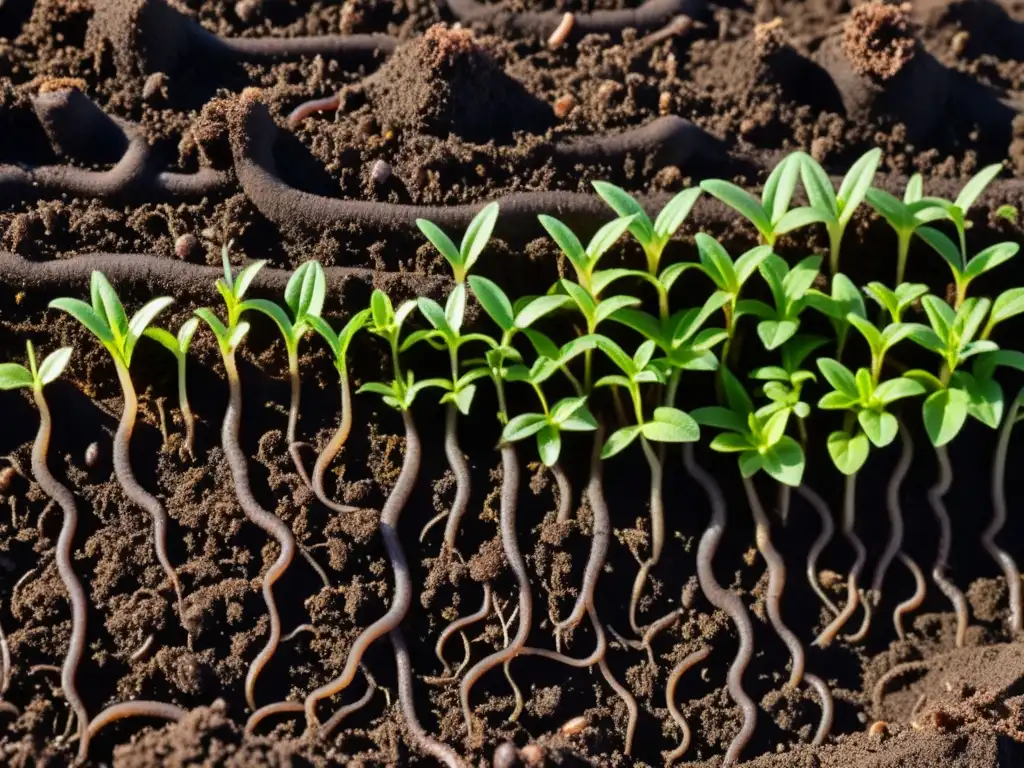 Materia orgánica en granjas orgánicas: suelo oscuro y fértil con gusanos y plántulas verdes vibrantes, iluminado por la luz natural