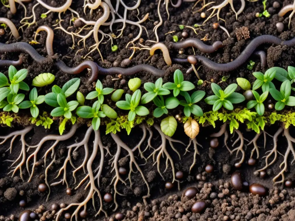 Materia orgánica suelo granjas orgánicas: Detallada imagen del suelo oscuro y rico, lleno de vida y microorganismos, con raíces de plantas saludables