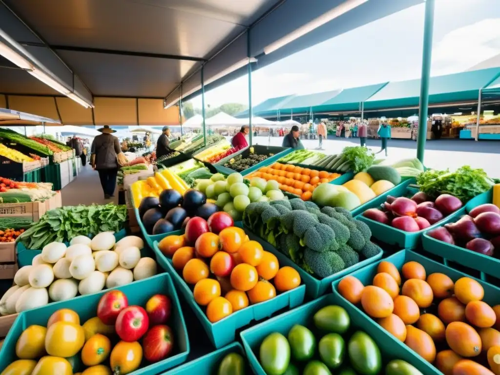 Mercado de agricultores bullicioso con productos orgánicos frescos en contraste con un supermercado moderno