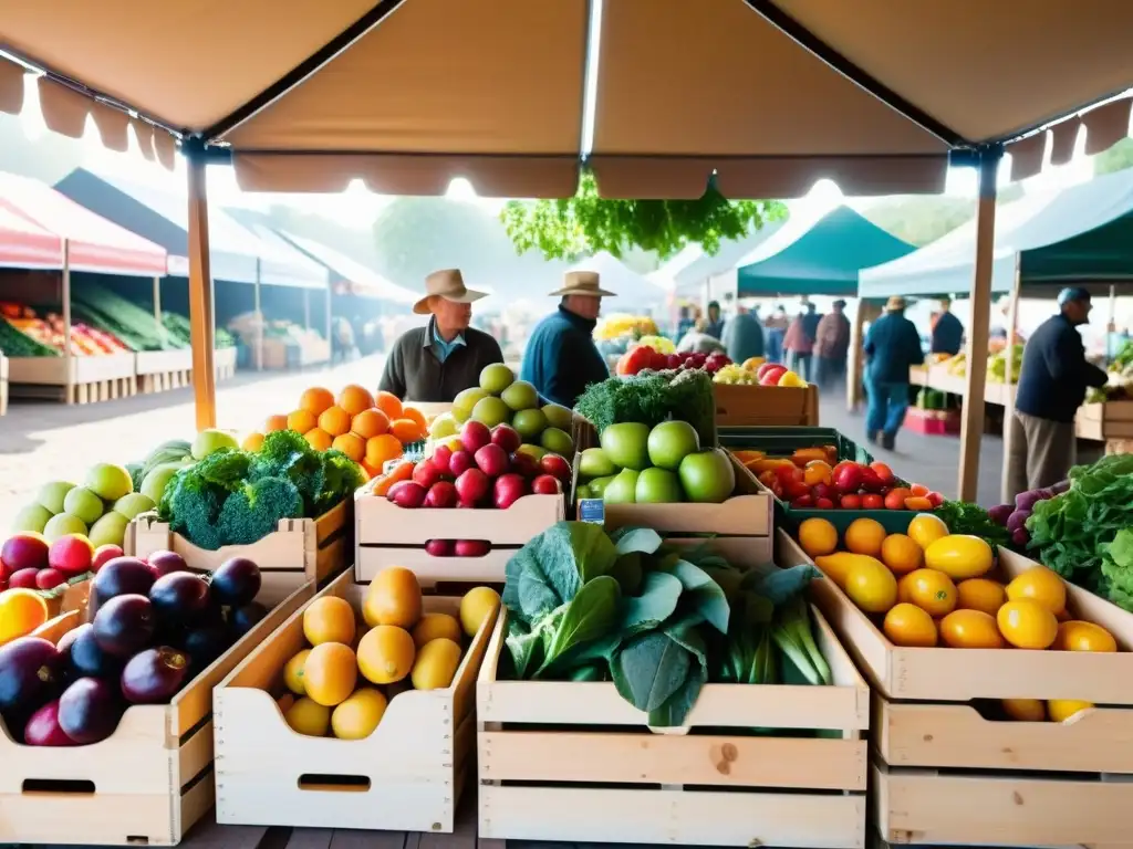 Un mercado de agricultores colorido y auténtico con frutas y verduras orgánicas en cajas de madera