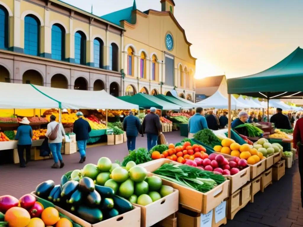 Un mercado de agricultores con coloridos puestos de productos orgánicos, bañados por la cálida luz del atardecer