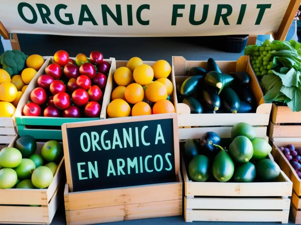 Un mercado de agricultores con frutas y verduras orgánicas, transmitiendo autenticidad y conexión con la tierra