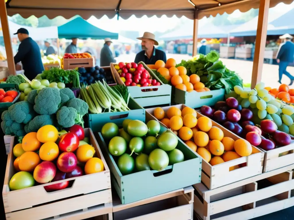 Un mercado de agricultores con frutas y verduras orgánicas frescas, coloridas y bien organizadas en cajas de madera