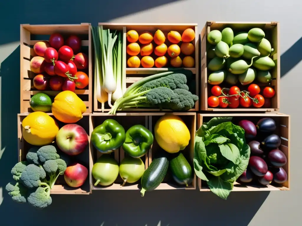 Mercado de agricultores con frutas y verduras orgánicas en cajas de madera, bañadas por luz natural