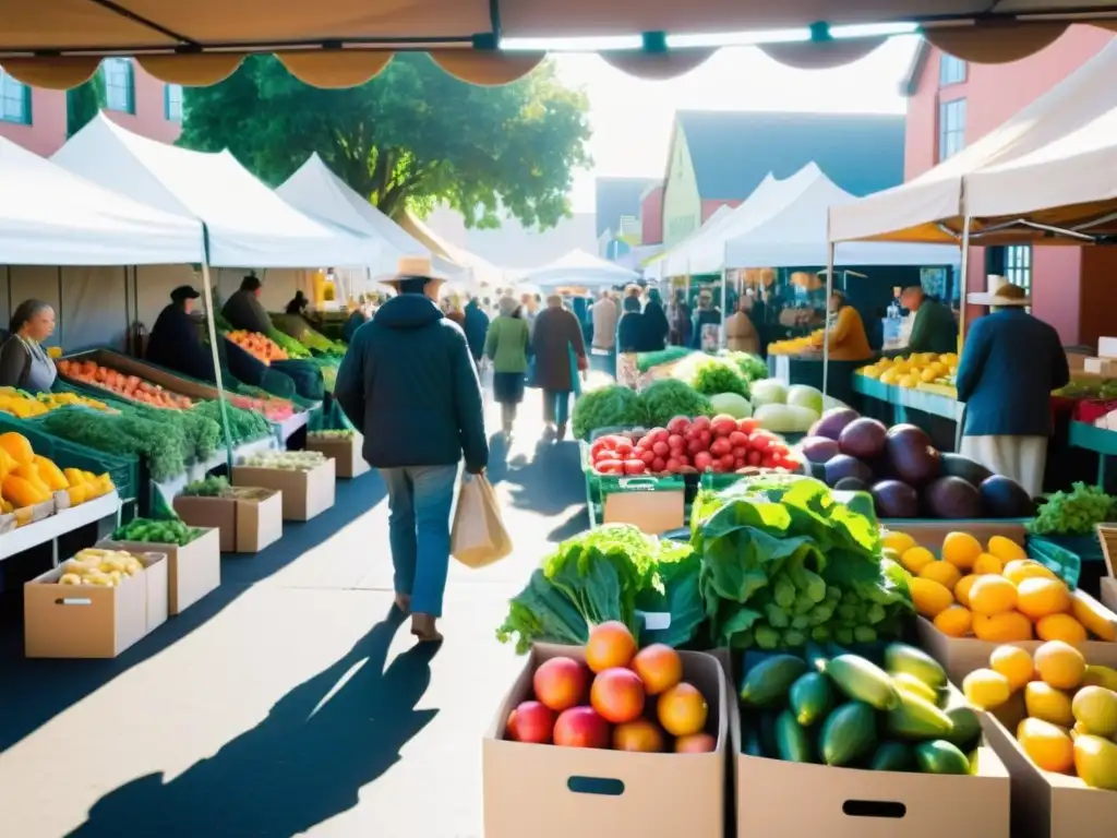 Un mercado de agricultores lleno de productos orgánicos frescos y vibrantes, con puestos organizados y una atmósfera cálida de comunidad