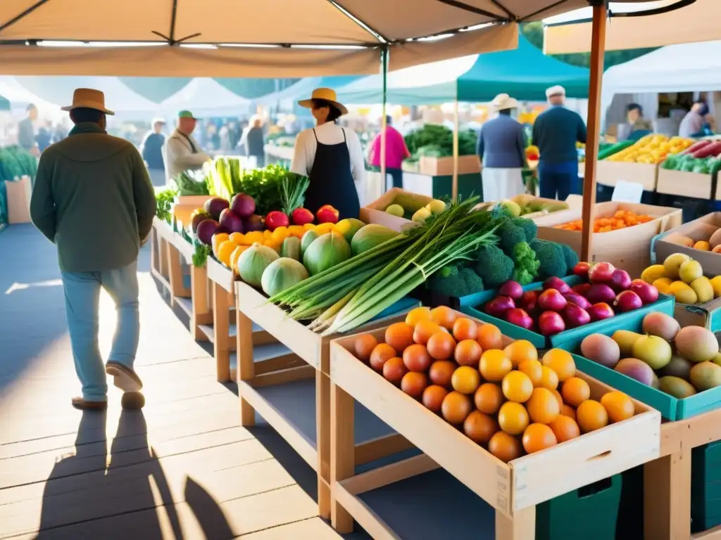 Un mercado de agricultores lleno de variedad y coloridos alimentos orgánicos, creando una atmósfera tranquila y saludable