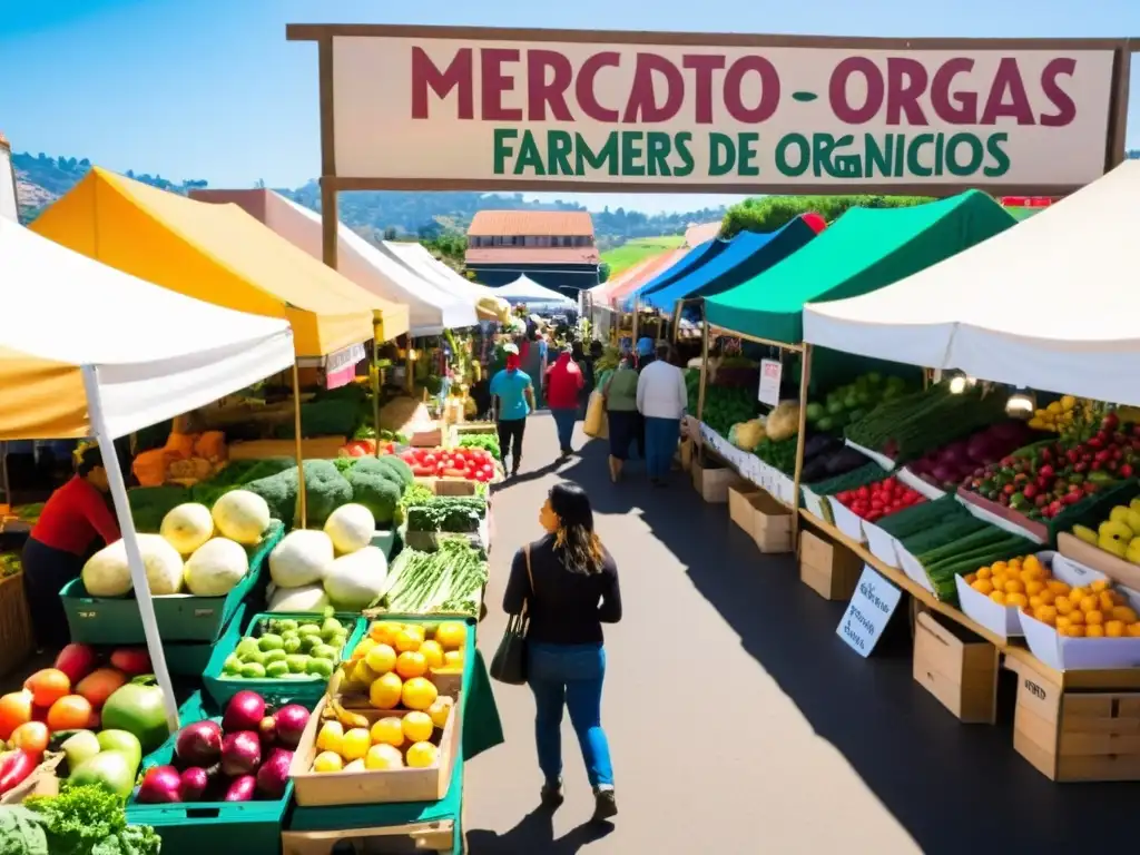 Mercado de Agricultores Orgánicos con frutas y verduras frescas, gente seleccionando alimentos orgánicos