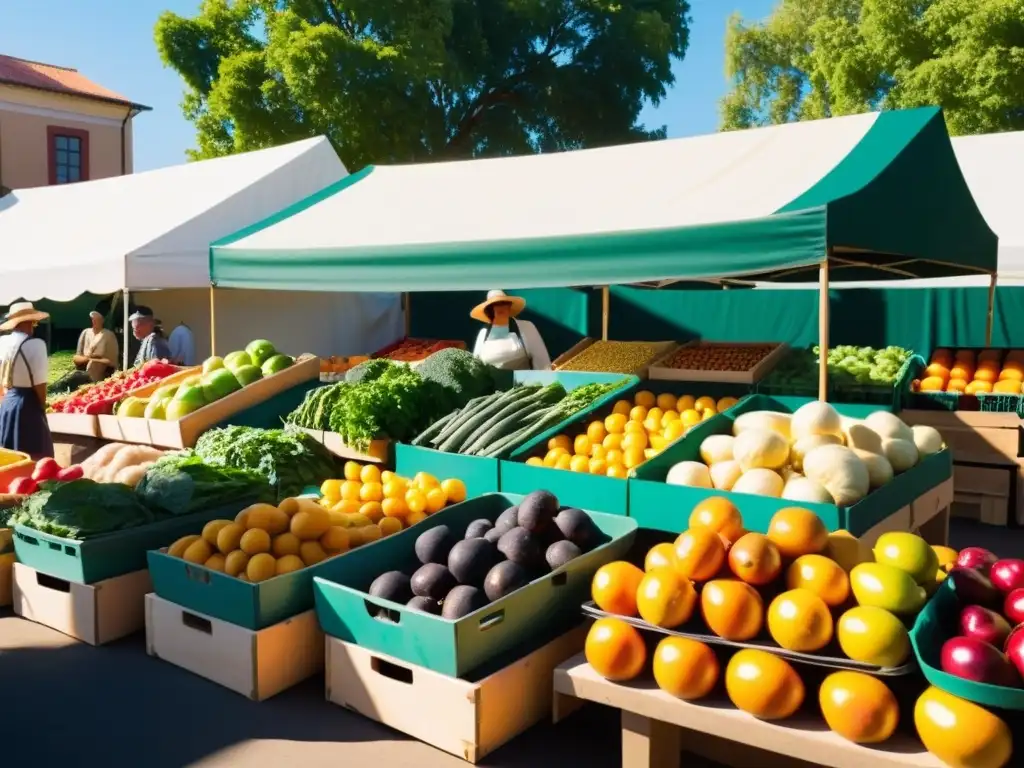 Un mercado de agricultores con productos orgánicos frescos y coloridos, bañado por la cálida luz del sol