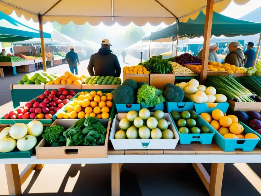 Un mercado de agricultores vibrante y detallado con frutas y verduras orgánicas, bañado por la cálida luz del sol