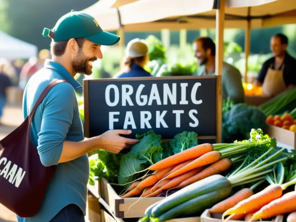 Un mercado de agricultores vibrante con frutas y verduras orgánicas en puestos de madera, bañados por la luz dorada