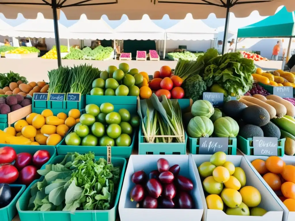 Un mercado de agricultores vibrante y sereno, con productos orgánicos en una variedad de colores y texturas