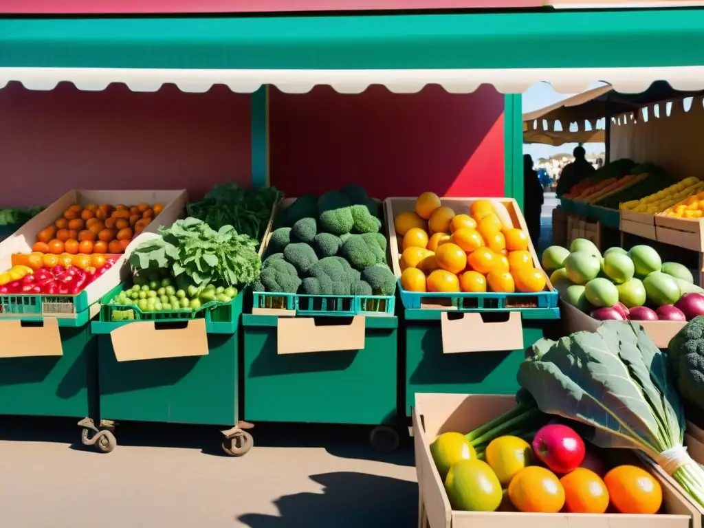 Mercado de alimentos orgánicos con colores vibrantes, creando una atmósfera cálida y acogedora