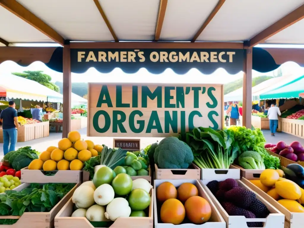 Mercado de alimentos orgánicos con frutas y verduras coloridas, clientes y vendedores sonrientes