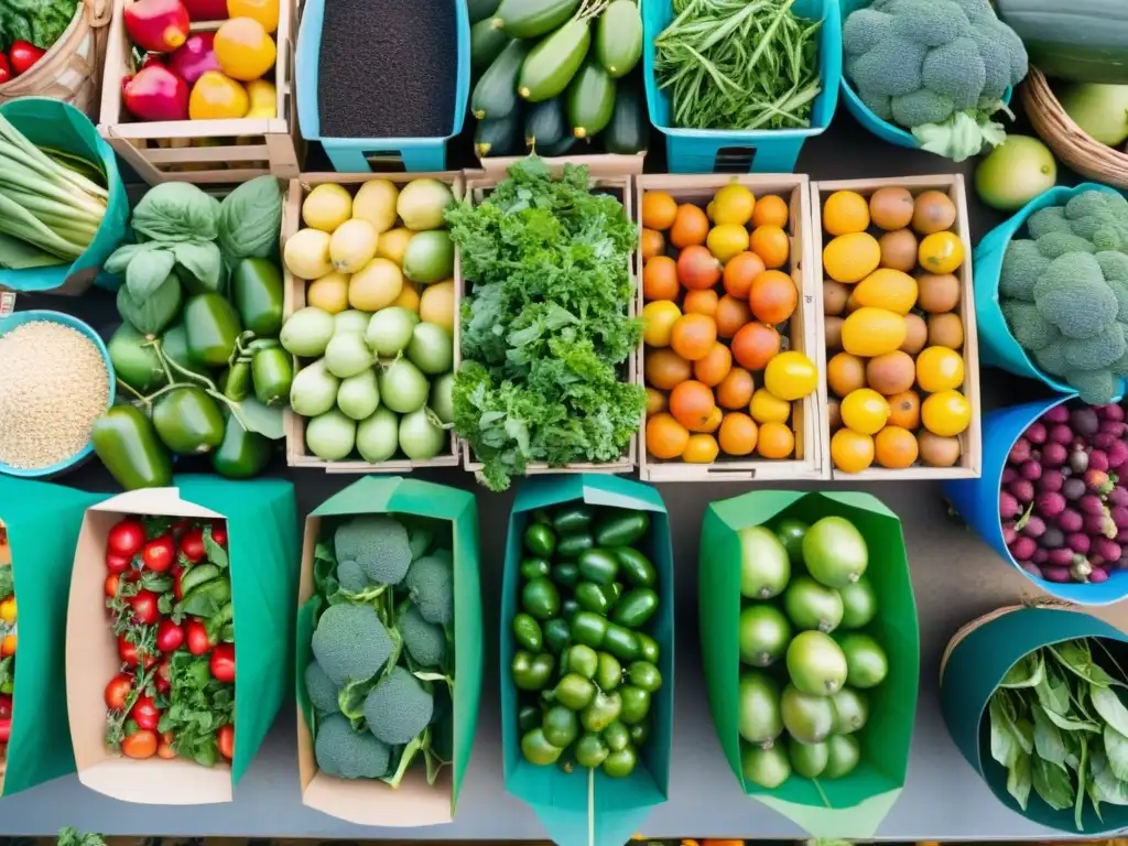 Un mercado bullicioso de alimentos orgánicos muestra una variedad de frutas, verduras y hierbas frescas en coloridos puestos