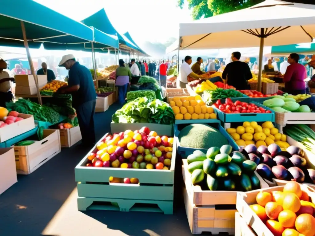 Un mercado bullicioso y colorido de frutas y verduras orgánicas, con vendedores y clientes interactuando en transacciones animadas