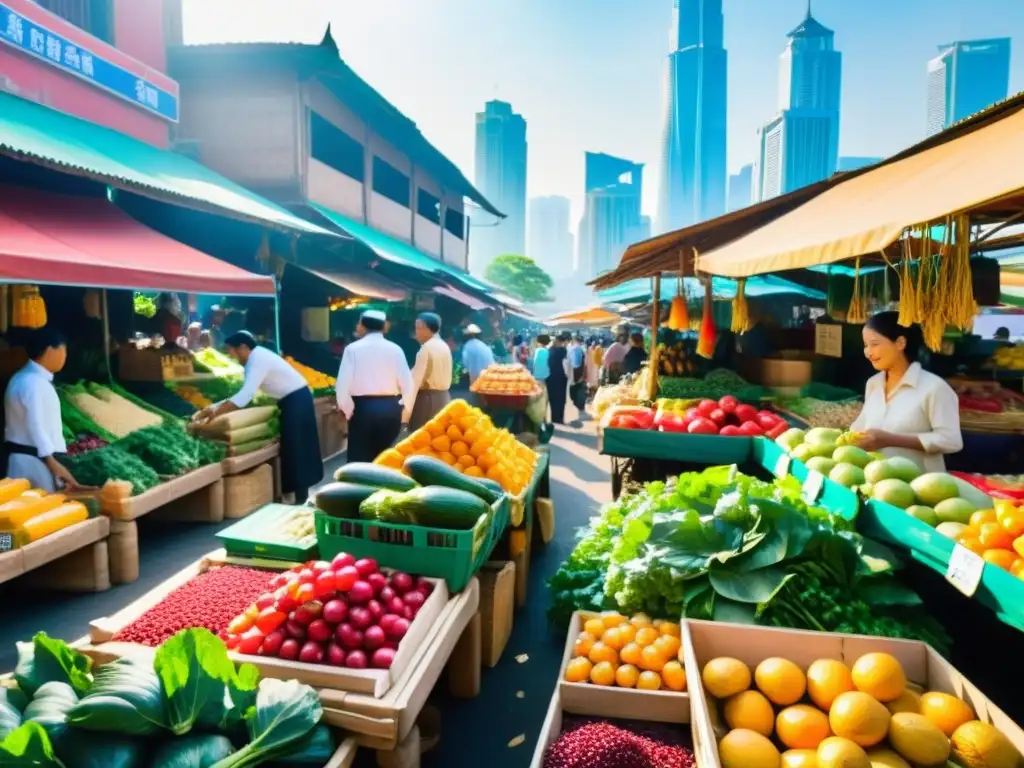 Mercado bullicioso en Asia con frutas y verduras orgánicas