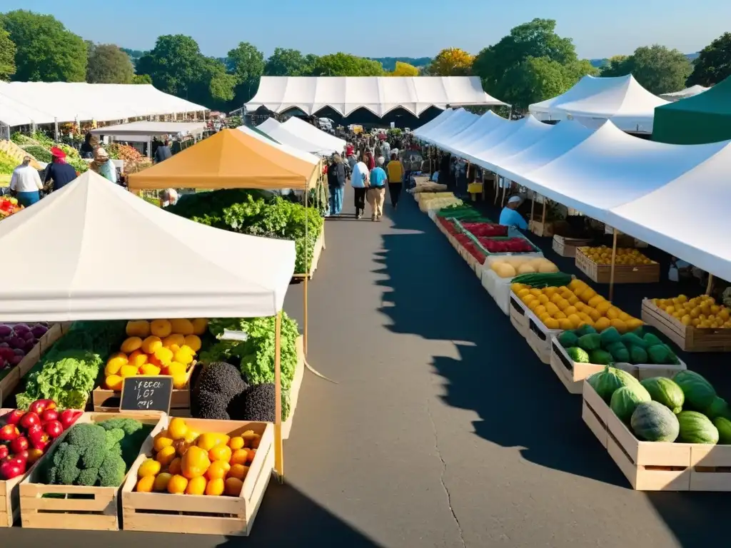 Un mercado bullicioso con frutas y verduras frescas en coloridos puestos de madera bajo carpas blancas