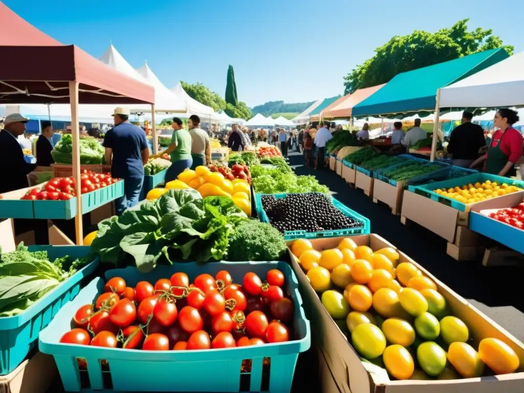 Un mercado bullicioso lleno de productos orgánicos coloridos con un cielo azul de fondo