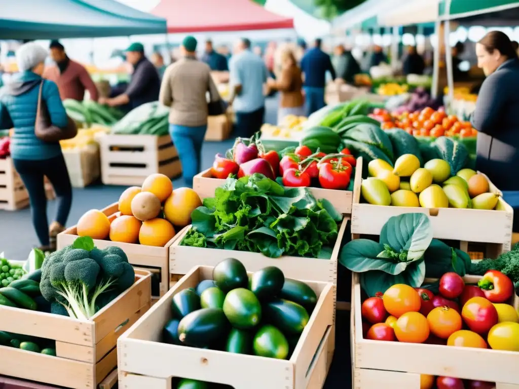 Un mercado bullicioso lleno de productos orgánicos coloridos y agricultores orgullosos