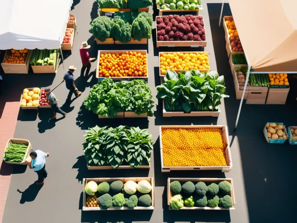 Un mercado agrícola bullicioso con productos orgánicos y una atmósfera animada que refleja el impacto económico de la venta de productos orgánicos