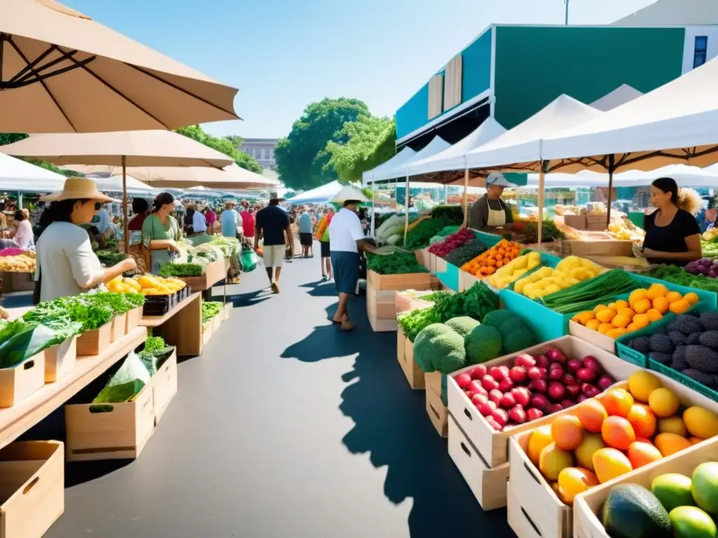 Mercado agrícola bullicioso con productos orgánicos coloridos en puestos de madera, clientes y vendedores interactúan bajo grandes sombrillas