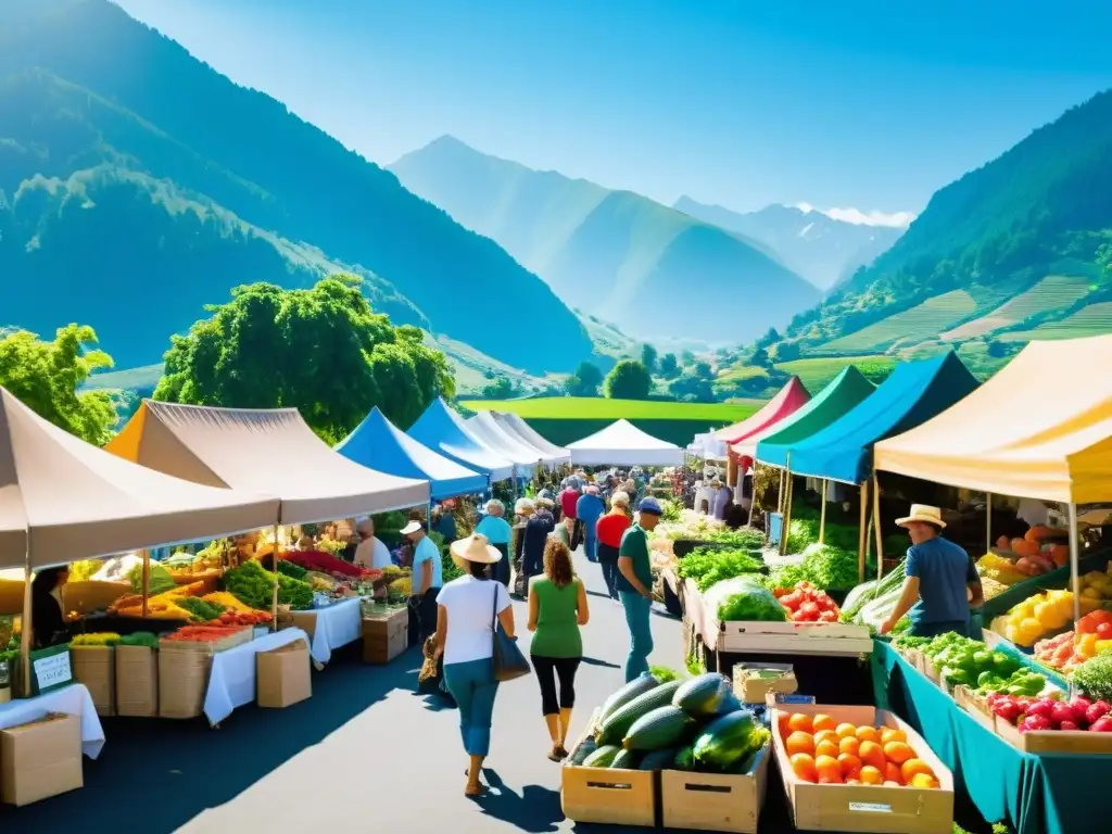 Mercado agrícola bullicioso con puestos coloridos rebosantes de productos orgánicos frescos, rodeado de montañas verdes y cielo azul brillante