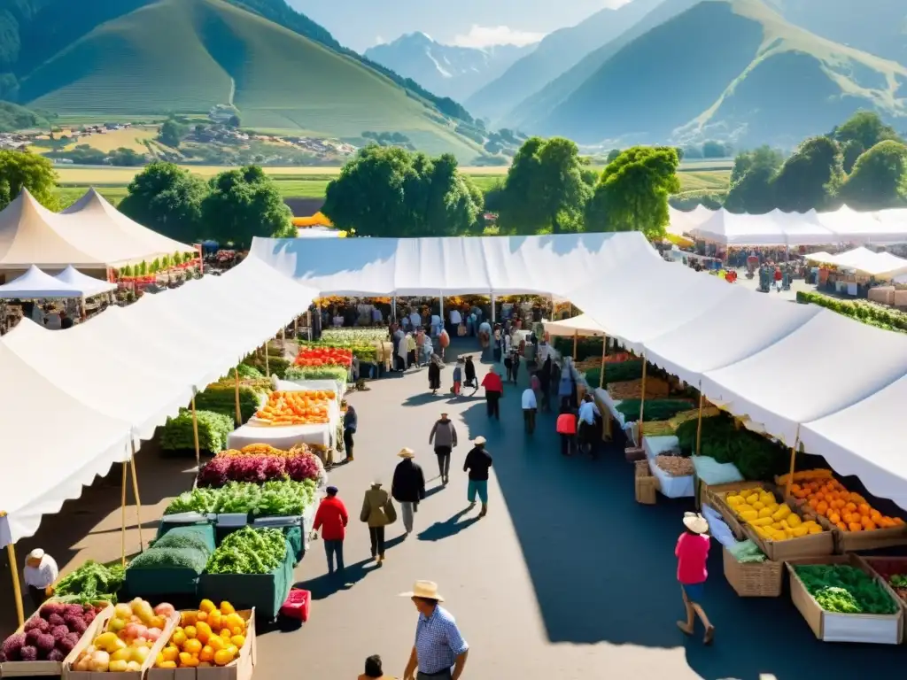 Mercado campesino con frutas y verduras orgánicas, rodeado de montañas Un mercado campesino bullicioso con frutas y verduras orgánicas