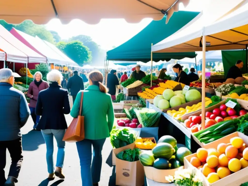 Mercado concurrido de granjeros con productos orgánicos, frutas, verduras y bienes locales