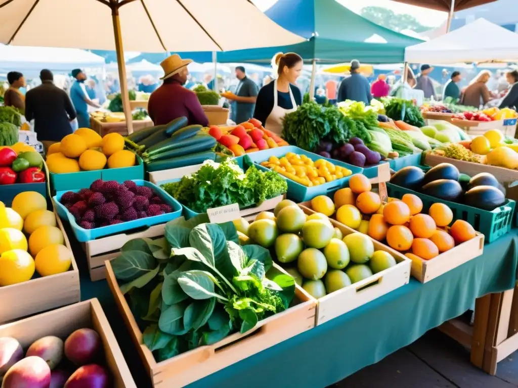 Mercado ecológico bullicioso con frutas y verduras orgánicas coloridas, luz solar y ambiente cálido