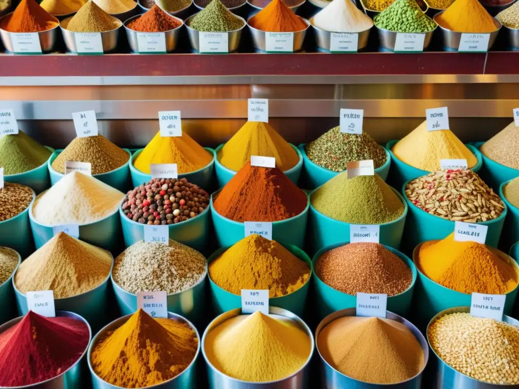 Un mercado de especias indio con variedad de colores y texturas, evocando la autenticidad y riqueza de la cocina india orgánica y dieta equilibrada