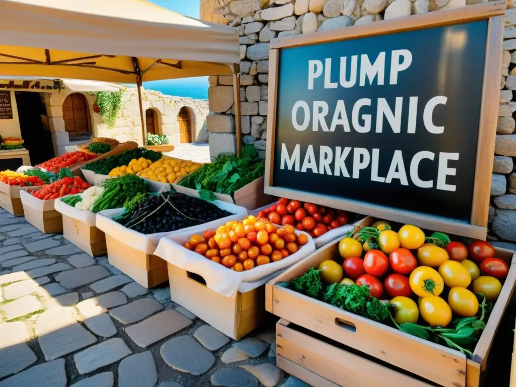 Un mercado griego rústico con productos orgánicos y una hermosa luz dorada