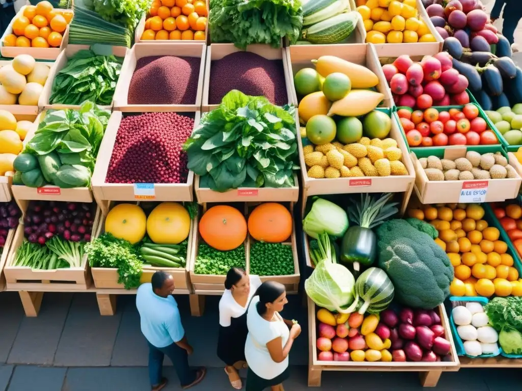 Un mercado internacional bullicioso con frutas y verduras orgánicas, diversidad cultural y potencial alimentos orgánicos comercio internacional