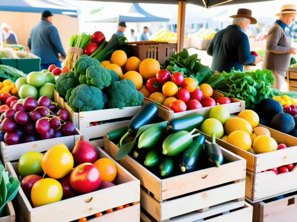 Un mercado lleno de frutas y verduras orgánicas coloridas, resplandeciendo al sol