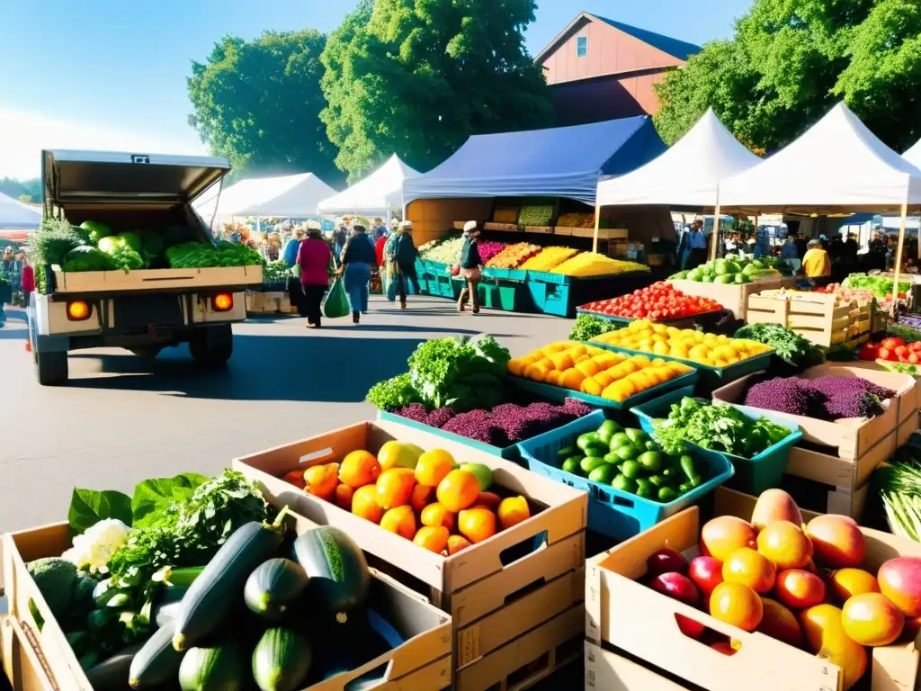 Un mercado lleno de vida con puestos coloridos rebosantes de productos orgánicos frescos