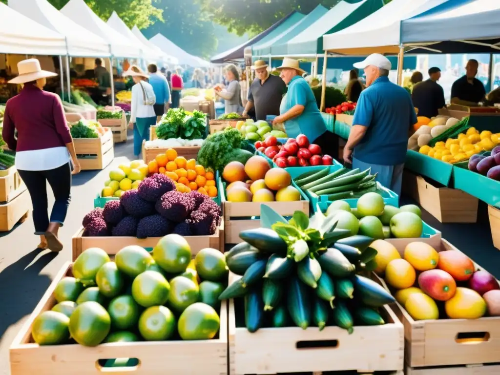 Un mercado orgánico bullicioso y colorido, con frutas y verduras frescas en cajas de madera